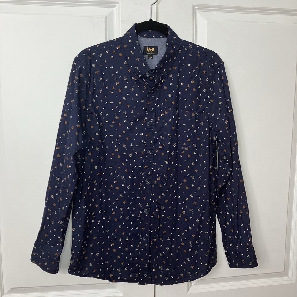 Lee Regular Fit Button Up Shirt Mens M Navy Leaf Novelty Print‎ Office Casual
